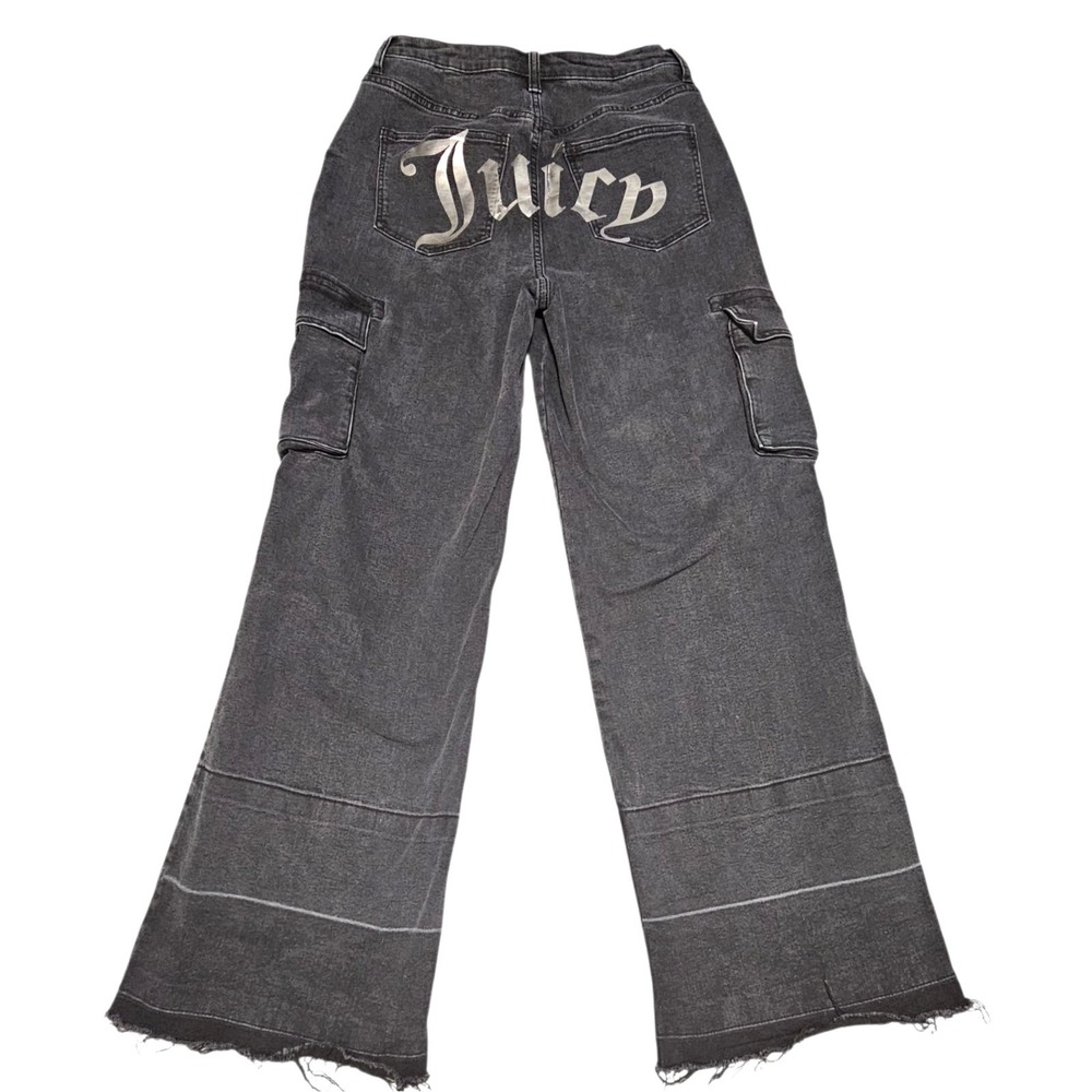Juicy Couture Womens Sz 29 Cargo Jeans Wide Leg Raw Hem Faded Black Spellout Y2K